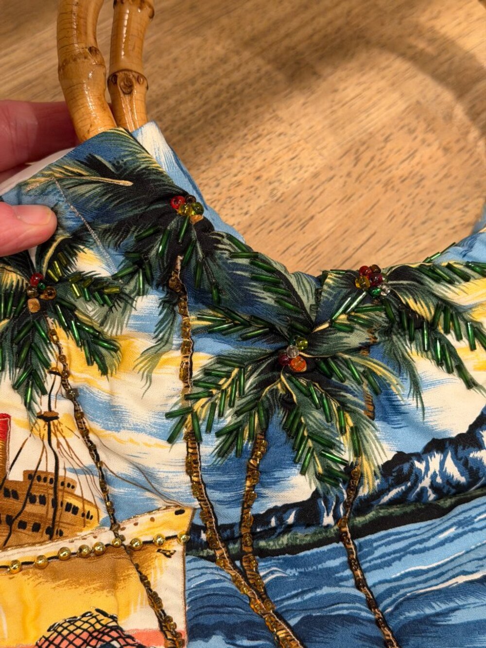 Retro Tropical Hawaiian Print Tote Bag with Bamboo Handles - Picture 9 of 9